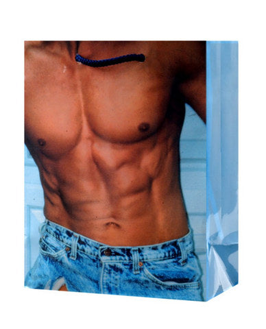 Man in torn denim shorts gift bag