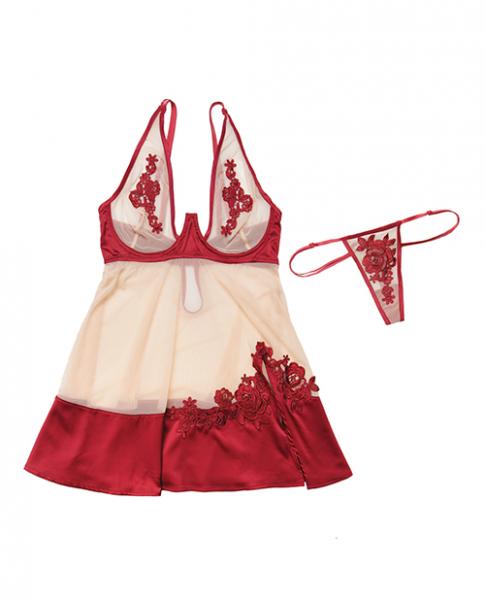 Nylon, Satin Babydoll Underwire Cups & G-String Red Nude Sm