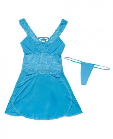 Scallop Lace, Microfiber Babydoll & Thong Blue O/S