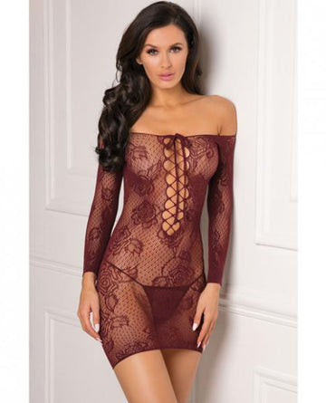 Rene Rofe Tie Breaker Long Sleeve Dress Burgundy O/S