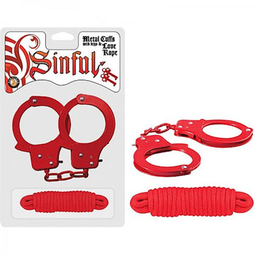 Sinful Metal Cuffs W/keys &amp; Love Rope Red