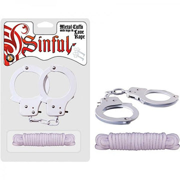 Sinful Metal Cuffs W/keys &amp; Love Rope White