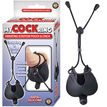 My Cock Ring Vibrating Scrotum Pouch &amp; Cinch With Bullet Silicone Waterproof Black