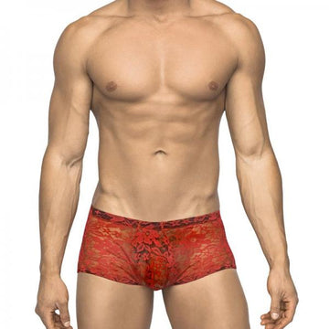 Male Power Stretch Lace Mini Short Red Small