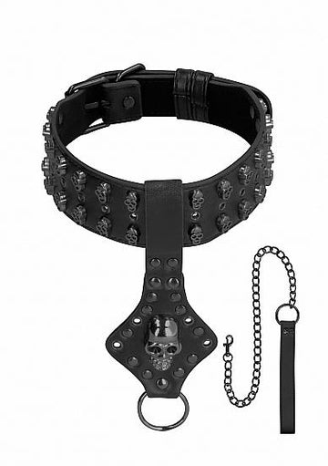 Ouch! Skulls &amp; Bones Neck Chain with Skulls And Leash Black