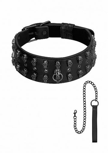 Ouch! Skulls &amp; Bones Neck Chain With Skulls And Leash Black