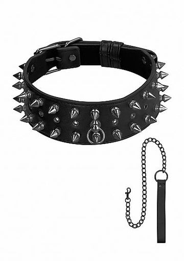 Ouch! Skulls &amp; Bones Biker Spike Collar with Leash Black